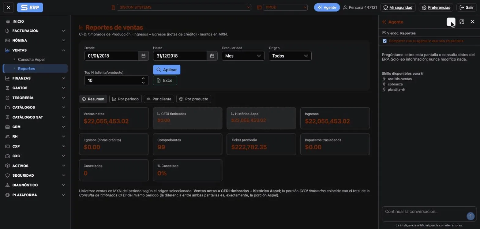AI agent panel inside the ERP answering questions in Spanish with sales data